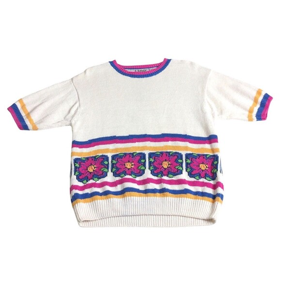 Vintage Levis Sweater Womens Small Floral Oversized Knit Short Sleeve 80s 90s - Picture 1 of 13